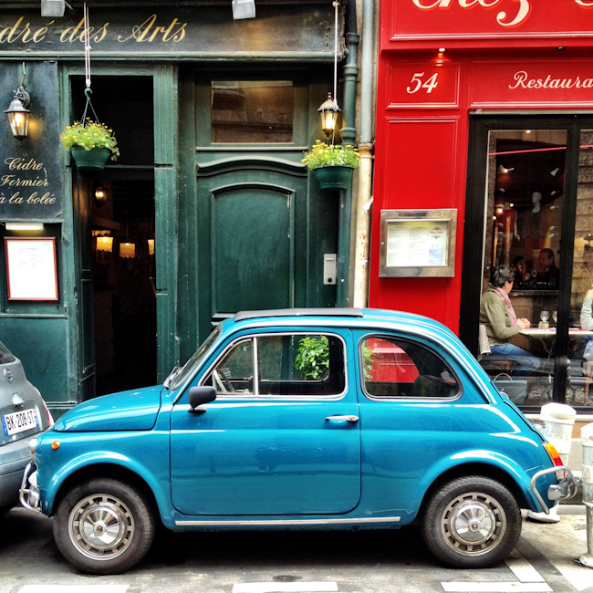 Turquoise Fiat 500 on the Left Bank in Paris Turquoise Fiat 500 on the Left Bank in Paris