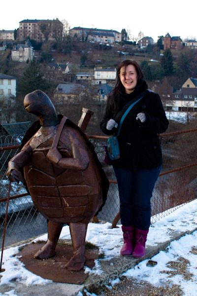 Uzerche turtle and me freezing my butt off. Uzerche turtle and me freezing my butt off.